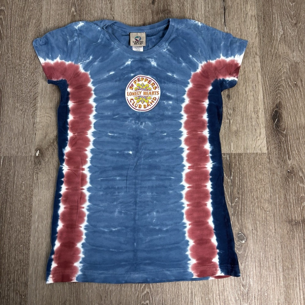 Liquid Blue Vtg Beatles Sgt Pepper Graphic Women's L Tie Dye‎ Fitted T Shirt